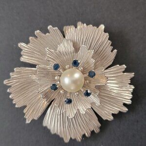 Vintage Silver Flower Brooch With Pearl & Blue Gemstones Retro Floral Pin Jewelr